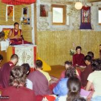 (22365_ng-3.psd) Lama Yeshe teaching at Istituto Lama Tzong Khapa, Pomaia, Italy, 1981. (Elisabeth Drukier as translator.)