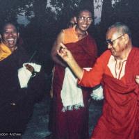 (22487_ng-3.tif) Istituto Lama Tzong Khapa, Pomaia, Italy, 1983. From Big Love: "Lama Yeshe bounced into Istituto Lama Tzong Khapa wearing his new Egyptian caftan. He jumped out of the car and boogied across the courtyard, brandishing his favored wrathful mudra, while Geshe Jampa Gyatso and many of the ILTK residents laughed and laughed."