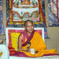 (22846_ng.tif) Lama Zopa Rinpoche teaching at the 12th Meditation Course at Kopan Monastery, Nepal, 1979. Ina Van Delden (photographer)