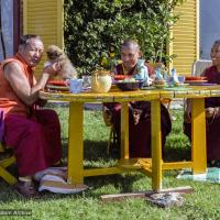 (22966_ng-3.tif) Lama Yeshe with the little dog named Yeshe, Lama Zopa Rinpoche and Geshe Jampa Gyatso, Istituto Lama Tzong Khapa, Pomaia, Italy, 1983.