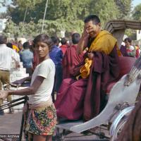 (23171_ng-3.psd) Lama Zopa Rinpoche in a rickshaw, Bodhgaya, India, 1982.