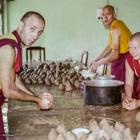 (23172_ng-3.psd) Dario Tesoroni (Losang Dorje), Joseph Fontaine, and Merry Colony making tsa tsa, First Enlightened Experience Celebration, Bodhgaya, India, 1982.