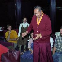 (23306_ng-3.tif) Lama Yeshe and Lama Zopa Rinpoche with students at the San Francisco International Airport