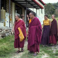 (23314_ng.tif) Lama Yeshe at Chenrezig Institute, Australia, 1979, with Geshe Loden on left, Yeshe Khadro (Marie Obst) and Karin Valham on the right.