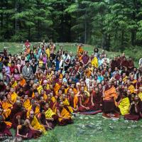 (23463_ng-3.tif) First Enlightened Experience Celebration group with Zong Rinpoche, back of Tushita Retreat Centre, Dharamsala, India, 1982.