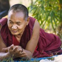 (24040_sl-3.psd) Lama Yeshe at the picnic in Bodhgaya at end of First Enlightened Experience Celebration, part 1. Ina Van Delden (photographer)