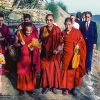 (24188_sl-3.psd) Lama Yeshe with Losang Tsultrim Geshe, His Holiness and entourage arriving at O Sel Ling. In September of 1982, H.H. Dalai Lama visited this retreat center that the lamas had just set up in Bubion, a small town near the Alpujarra mountains near Granada, Spain. At the end of the visit His Holiness gave the center its name, O Sel Ling.