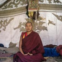 (24542_sl-3.psd) Lama Yeshe in his tent at the Mahabodhi Society, Bodhgaya, 1974.