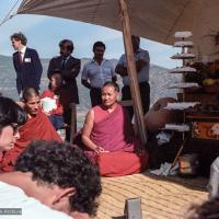 (25032_ng.TIF) Lama Yeshe and Geshe Losang Tsultrim at O Sel Ling. In September of 1982, H.H. Dalai Lama visited this retreat center that the lamas had just set up in Bubion, a small town near the Alpujarra mountains near Granada, Spain. At the end of His Holiness teaching he named the center O Sel Ling. Photo by Pablo Giralt de Arquer.