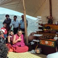 (25035_ng.TIF) Lama Yeshe and Geshe Losang Tsultrim at O Sel Ling. In September of 1982, H.H. Dalai Lama visited this retreat center that the lamas had just set up in Bubion, a small town near the Alpujarra mountains near Granada, Spain. At the end of His Holiness teaching he named the center O Sel Ling. Photo by Pablo Giralt de Arquer.