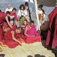 (25041_ng.TIF) Lama Yeshe and Geshe Losang Tsultrim at O Sel Ling. In September of 1982, H.H. Dalai Lama visited this retreat center that the lamas had just set up in Bubion, a small town near the Alpujarra mountains near Granada, Spain. At the end of His Holiness teaching he named the center O Sel Ling. Photo by Pablo Giralt de Arquer.