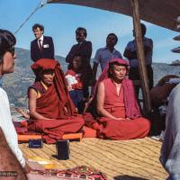 (25047_ng.TIF) Lama Yeshe and Geshe Losang Tsultrim at O Sel Ling. In September of 1982, H.H. Dalai Lama visited this retreat center that the lamas had just set up in Bubion, a small town near the Alpujarra mountains near Granada, Spain. At the end of His Holiness teaching he named the center O Sel Ling. Photo by Pablo Giralt de Arquer.