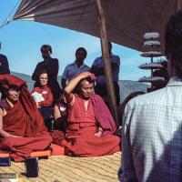 (25048_ng.TIF) Lama Yeshe and Geshe Losang Tsultrim at O Sel Ling. In September of 1982, H.H. Dalai Lama visited this retreat center that the lamas had just set up in Bubion, a small town near the Alpujarra mountains near Granada, Spain. At the end of His Holiness teaching he named the center O Sel Ling. Photo by Pablo Giralt de Arquer.