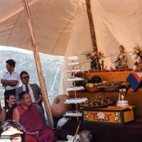 (25053_ng.TIF) Lama Yeshe and Geshe Losang Tsultrim at O Sel Ling. In September of 1982, H.H. Dalai Lama visited this retreat center that the lamas had just set up in Bubion, a small town near the Alpujarra mountains near Granada, Spain. At the end of His Holiness teaching he named the center O Sel Ling. Photo by Pablo Giralt de Arquer.