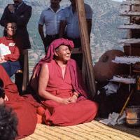 (25100_ng.TIF) Lama Yeshe and Geshe Losang Tsultrim at O Sel Ling. In September of 1982, H.H. Dalai Lama visited this retreat center that the lamas had just set up in Bubion, a small town near the Alpujarra mountains near Granada, Spain. At the end of His Holiness teaching he named the center O Sel Ling. Photo by Pablo Giralt de Arquer.