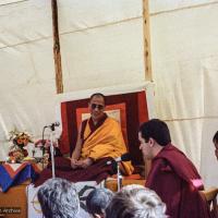 Click to view in our Image Gallery (25103_ng.TIF) In September of 1982, H.H. Dalai Lama visited this retreat center that the lamas had just set up in Bubion, a small town near the Alpujarra mountains near Granada, Spain. At the end of His Holiness teaching he named the center O Sel Ling. Photo by Pablo Giralt de Arquer.