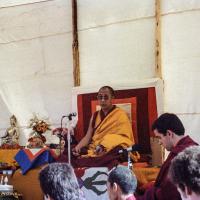 Click to view in our Image Gallery (25112_ng.TIF) In September of 1982, H.H. Dalai Lama visited this retreat center that the lamas had just set up in Bubion, a small town near the Alpujarra mountains near Granada, Spain. At the end of His Holiness teaching he named the center O Sel Ling. Photo by Pablo Giralt de Arquer.