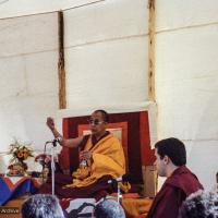 Click to view in our Image Gallery (25113_ng.TIF) In September of 1982, H.H. Dalai Lama visited this retreat center that the lamas had just set up in Bubion, a small town near the Alpujarra mountains near Granada, Spain. At the end of His Holiness teaching he named the center O Sel Ling. Photo by Pablo Giralt de Arquer.