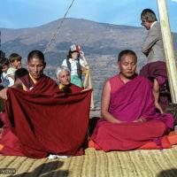 (25315_ng.TIF) Lama Yeshe and Geshe Losang Tsultrim at O Sel Ling. In September of 1982, H.H. Dalai Lama visited this retreat center that the lamas had just set up in Bubion, a small town near the Alpujarra mountains near Granada, Spain. At the end of His Holiness teaching he named the center O Sel Ling. Photo by Pablo Giralt de Arquer.