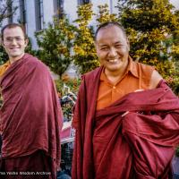 (25715_ud-3.psd) Stephen Batchelor and Lama Yeshe at Rikon Gompa, Tibet Institute, Rikon, Switzerland, 1978. Fred von Allmen (photographer)