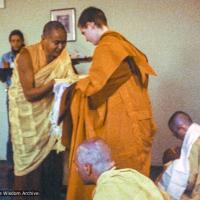 (26029_pr-3.psd) Lama Yeshe and Connie Miller, ordination, UCSC (University of Calif. at Santa Cruz), 1978. Vicki Brown is in the lower right corner. Connie Miller (donor)