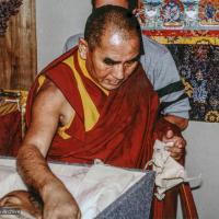 Click to view in our Image Gallery (33279_pr.jpg) Geshe Sopa during a cycle of pujas that were done for Lama Yeshe before the formal cremation, Vajrapani Institute, California, 1984. Photo by Ricardo de Aratanha.