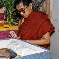 Click to view in our Image Gallery (33281_pr.jpg) Lama Zopa Rinpoche during a cycle of pujas that were done for Lama Yeshe before the formal cremation, Vajrapani Institute, California, 1984. Photo by Ricardo de Aratanha.