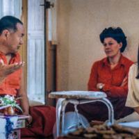 (33659_pr-3.psd) Lama Yeshe with Elisabeth Drukier and Elea Redel, Institut Vajra Yogini, Marzens, France, 1981. Jeff Nye (photographer)