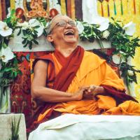 Lama Zopa Rinpoche teaching at the 4 Kadam deities retreat, Institut Vajra Yogini, France, 2003. Kunsang Thubten (Henri Lopez) (photographer)