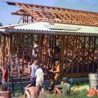 (37334_ng.tif) Building the Chenrezig Institute gompa (meditation hall), February/March,1975. From the collection of images of Lama Yeshe, Lama Zopa Rinpoche and the Sangha during a month-long course at Chenrezig Institute, Australia.