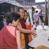 (39262_pr-3.JPG) Lama Yeshe shopping with Lama Zopa Rinpoche and Jampa Chökyi (Helly Pelaez), Kangra, India, 1982