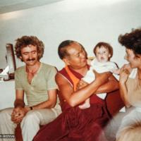 (39437_ng-3.tif) Paco and Maria Hita with Lama Yeshe holding their daughter Harmonie (Armonia) at 7 months old, Madrid, Sept., 1980.