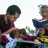 (39473_sl-3.psd) Lama Zopa Rinpoche and Geshe Legden, Chenrezig Institute, Australia, 1980.