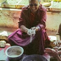 (39518_ng-3.JPG) Lama Yeshe making chulen pills, Tushita Retreat Centre, Dharamsala, India, 1982.