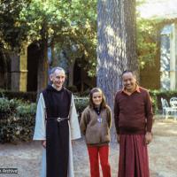 (39540_sl-3.psd) Lama Yeshe with a priest and young girl at a monastery in Spain, 1982.