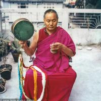 (39541_pr-3.tif) Lama Yeshe practicing chod on the roof of Tara Hotel, Darjeeling, India, 1982.