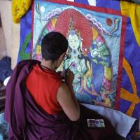 (20_57.JPG) Jampa Chökyi painting Tara Cittamani thangka, Tushita Retreat Centre, Dharamsala, India, 1982.