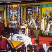 (39595_sl-3.jpg) Lama Zopa Rinpoche doing puja at Kopan Monastery, Nepal, 1984.