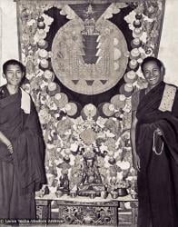 (00004_ud-Edit.psd) Lama Zopa Rinpoche  and Lama Yeshe with a mandala applique thangka in the "old gompa", Kopan Monastery, 1970.