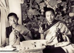 (07598_pr-2.psd) Lama Zopa Rinpoche  and Lama Yeshe doing puja (spiritual practice) in the "old gompa" (shrine room), Kopan Monastery, 1970.