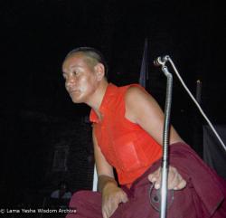 (09298_ng.JPG) Lama Yeshe at a teaching given at Columbia University. In July 1974, the lamas and Mummy Max arrived in New York City to begin the first international teaching tour of Lama Yeshe and Lama Zopa Rinpoche. They stayed at the apartment of Lynda Millspaugh on the Upper West side of Manhattan.