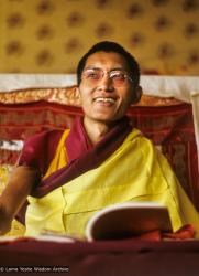 (09754_sl.JPG) Lama Zopa Rinpoche teaching in the tent, Kopan Monastery, Nepal, 1974. For the Seventh Meditation Course a huge Indian wedding tent replaced the dusty burlap-walled tent.