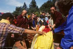 (10036_sl.JPG) Lama Yeshe's body is placed in the cremation stupa. Cremation of Lama Yeshe at Vajrapani Institute, California in March of 1984. Photo by Ricardo de Aratanha.