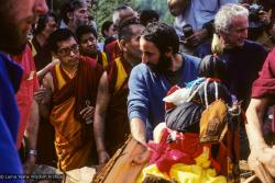 (10038_sl.JPG) Lama Yeshe's body is placed in the cremation stupa. Cremation of Lama Yeshe at Vajrapani Institute, California in March of 1984. Photo includes Lama Zopa Rinpoche, Chuck Thomas and John Schwartz. Photo by Ricardo de Aratanha.