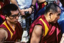 (10039_sl.JPG) Lama Zopa Rinpoche and Geshe Sopa. Cremation of Lama Yeshe at Vajrapani Institute, California in March of 1984. Photo by Ricardo de Aratanha.