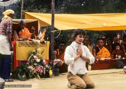 (10083_sl-3.JPG) An attendee is chosen to light the fire, cremation of Lama Yeshe, Vajrapani Institute, California, 1984. Ricardo de Aratanha (photographer)