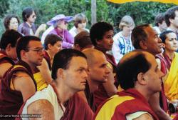 (10116_sl-3.JPG) Cremation of Lama Yeshe, Vajrapani Institute, California, 1984. Photo includes Roger Wheeler, Wendy King, Harry Sutton, Thubten Pelgye, Nick Ribush, Max Mathews, Geshe Thinley, and Helly Pelaez Jampa Chökyi (aka Jamyang Wangmo). Ricardo de Aratanha (photographer)