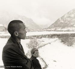 (12027_pr2.jpg) Lama Zopa Rinpoche (left) and Zina Rachevsky at Thangme. Photo from the first trek to Lawudo Retreat Center in Nepal, spring of 1969. Lawudo was the hermitage of the Lawudo Lama, the former incarnation of Lama Zopa Rinpoche. Photos by George Luneau. (Photo used with permission of the estate of Zina Rachevsky.)