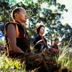 (12039_pr-2.psd) Lama Yeshe, Beatrice Ribush, and Lama Zopa Rinpoche in meditation. On Saka Dawa (the celebration of Buddha's birth, enlightenment, and death), Lama Yeshe asked everyone to come outside after a Guru Puja for a meditation on the hill behind the gompa. Chenrezig Institute, Australia, May 25, 1975. Photo by Wendy Finster.