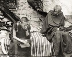 (12502_pr-2.psd) Lama Zopa Rinpoche (left) and Zina Rachevsky. Photo from the first trek to Lawudo Retreat Center in Nepal, spring of 1969. Lawudo was the hermitage of the Lawudo Lama, the former incarnation of Lama Zopa Rinpoche. Photos by George Luneau. (Photo used with permission of the estate of Zina Rachevsky.)